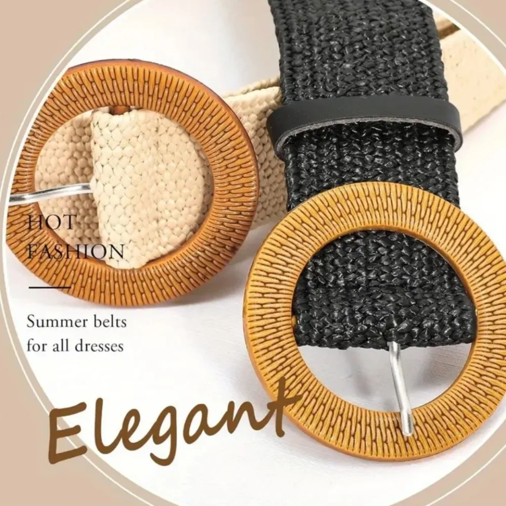 2Pcs Buckle Braided Straw Belts